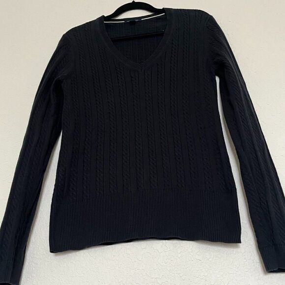 Women's Cotton Black V-Neck Ivy Sweater Made of Cable Knit size L - Picture 1 of 9
